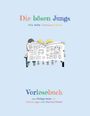 Text: "Die bösen Jungs" und "Vorlesebuch". Illustration: Vier Kinder lesen eine Zeitung.