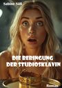 Text: „DIE BERINGUNG DER STUDIOSKLAVIN. Roman.“ Junge Frau mit überraschtem Ausdruck, Nasenring und einem Halsband auf einem Tablett.