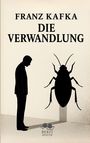 „FRANZ KAFKA DIE VERWANDLUNG“, Silhouette eines Mannes, der einer großen Käfer-Silhouette gegenübersteht.