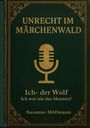 „UNRECHT IM MÄRCHENWALD“, Mikrofonsymbol, „Ich- der Wolf. Ich war nie das Monster!“. Autor: Susanne Möllmann. Vintage-Stil.