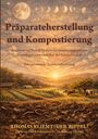 Text: Präparateherstellung und Kompostierung. Landschaft mit Feldern, Sonnenuntergang, Kühen und detailreiche ländliche Szene.