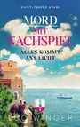 Saint-Tropez Krimi: "Mord mit Nachspiel. Alles kommt ans Licht". Küste mit Gebäude, Pflanzen, Meer und Boot.
