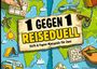 „1 gegen 1 Reiseduell. Stift & Papier Minispiele für Zwei.“ Bunte Illustrationen: Weltkarte, Flugzeug, Sonnenbrille, Labyrinth.