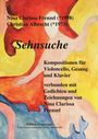 Texte: "Nina Clarissa Frenzel (*1998), Christian Albrecht (*1973), Sehnsuche. Kompositionen für Violoncello, Gesang und Klavier verbunden mit Gedichten und Zeichnungen von Nina Clarissa Frenzel."

Bildbeschreibung: Abstrakte, farbenfrohe Illustration mit roten, gelben und blauen Formen.
