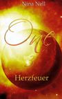 "Nina Nell, One 3 Herzfeuer." Punkt grellgelb-orange im All, strahlend und mystisch, mit großen Planeten im Hintergrund.
