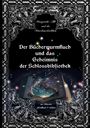 "Der Bücherwurmfluch und das Geheimnis der Schlossbibliothek", verzierte Umrandung, mystisches Buch mit Sternenhimmel.
