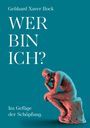 Text: Gebhard Xaver Bock, WER BIN ICH?, Im Gefüge der Schöpfung. Darunter die Skulptur "Der Denker" in Rot auf Türkis.