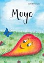 "Moyo", Steffi Brinkmann. Illustration mit blauer Schmetterling auf Gras, fröhliches orangenes Herz mit Gesicht.