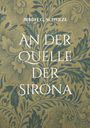 "An der Quelle der Sirona", Birgit G. Schulze. Florales Muster in Blau auf braunem Hintergrund.