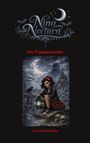 "Nina Nocturn", "Der Puppenmacher", "Christian Schantz". Illustration: Mädchen mit Laterne in Friedhofsszene, Vollmond.