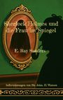 Text: "Sherlock Holmes und die Frau im Spiegel", "E. Ray Sanders", "Aufzeichnungen von Dr. John H. Watson". Silhouette mit Pfeife vor Spiegel.