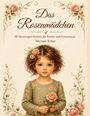 „Das Rosenmädchen“ von Miriam Erber. Ein Mädchen in einem blumigen Kleid hält eine Rose, umgeben von floralen Mustern.