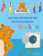 "Willi Winter und das Geheimnis der verschwundenen Socken." Ein Cartoon-Hamster, Socken an Leine, Waschmaschine.