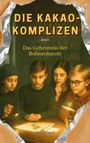 "Die Kakao-Komplizen", "Band 1", "Das Geheimnis der Bohnenbande". Vier Kinder betrachten interessiert Dokumente.