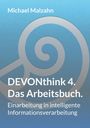 Text: "Michael Malzahn. DEVONthink 4. Das Arbeitsbuch. Einarbeitung in intelligente Informationsverarbeitung." 

Hintergrund: Blau mit Spiralmuster.