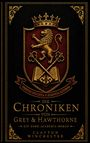 „Die Chroniken von Grey & Hawthorne, ein Dark-Academia-Roman“; rotes Wappen mit goldener Löwe und Krone.