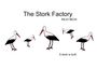 Text: "The Stork Factory", "REJO BECK", "A stork is built." Illustration von fünf stilisierten Störchen in verschiedenen Stadien.