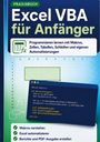 PRAXISBUCH: Excel VBA für Anfänger. Programmieren lernen. Illustration zeigt Code, ein Diagramm und Kontrollkästchen.