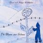 "Diana und Holger Wohlfahrt", "Die Blume aus Schnee". Illustration: Kind in Blau formt eine Schneeblume vor verschneiter Landschaft.