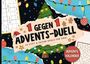 "1 gegen 1 ADVENTS-DUELL" mit festlichen Illustrationen: Lichterkette, Weihnachtsbaum, Sudoku, Labyrinth und Lebkuchenmännchen.