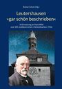 Titel: Leutershausen "gar schön beschrieben". Würdigung von Hans Wild. Unten ein Mann vor einem Gebäude mit Turm und Uhr.