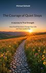 Buchtitel: „The Courage of Quiet Steps“. Sonnenuntergang hinter Hügeln, Blumenfeld und Kieselsteinpfad.