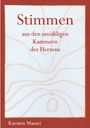 "Stimmen aus den unzähligen Kammern des Herzens" steht zentral. Beige Linien auf weißem Hintergrund mit rotem Rand.