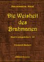 „Die Weisheit des Brahmanen“, Band 2, Friedrich Rückert. Hintergrund dunkel mit antiken Symbolen.