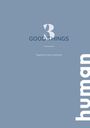 „GOOD THINGS“, „Tagebuch für gute Gedanken“. Rechts steht vertikal „human“. Blau-grauer Hintergrund.