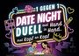 1 GEGEN 1 DATE NIGHT DUELL mal Hand in Hand, mal Kopf an Kopf. Illustration: Paar an Tisch mit Weingläsern.