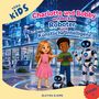 Text: "Charlotte und Bobby entdecken Roboter und Künstliche Intelligenz." Zwei Kinder und Roboter in futuristischer Umgebung.