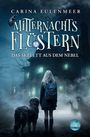 "Mitternachtsflüstern: Das Skelett aus dem Nebel". Eine Frau mit Rucksack und Hund vor einem unheimlichen, nebligen Haus.