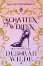 „Magie nach der Lebensmitte. Schatten Werfen. Humorvolle Urban Fantasy. Deborah Wilde.“ Lila Schuh, goldene Ornamente.