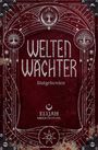 "WELTEN WÄCHTER Blutgebunden ELIJAH MORNINGSTAR" auf rotem Hintergrund, mit Ornamenten und Bäumen.