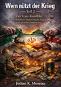 „Wem nützt der Krieg - Teil 2“: Zwei Hände zerreißen eine brennende iranische Flagge, umgeben von Waffen und Geld.