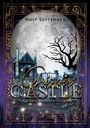 „Wolf September, Grisper Castle, Spuk aus Whisper Hollow.“ Eine mystische Szene mit Schloss, Vollmond und kahlem Baum.