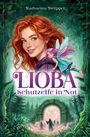"Katharina Drüppel. LIOBA Schutzelfe in Not." Illustration einer rothaarigen Frau mit einer kleinen Elfe auf der Schulter im Wald.