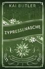 Text: "Kai Butler", "Zypressenasche", "San Amaro Investigations". Stadtsilhouette, Blumen, dekorative Elemente, Sonnen-Logo.