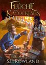 „Flüche & Cocktails“ und „Ein Cozy-Fantasy-Roman aus Aedrea“. Zwei Figuren in mittelalterlicher Kleidung mit Getränken.