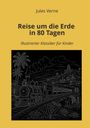 Titel: "Reise um die Erde in 80 Tagen", Illustration: Zug vor exotischem Hintergrund mit Palmen und Elefanten.