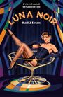 „LUNA NOIR“, Illustration einer eleganten Frau in schwarzem Korsett und Netzstrümpfen in einem großen Glas.