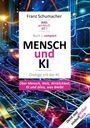 Buchcover: "Mensch und KI" in großen Buchstaben, farbenfrohes, abstraktes, futuristisches Hintergrunddesign.