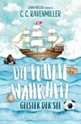 "CARIN MÜLLER schreibt als C. C. RAVENMILLER. Die fünfte Wahrheit: Geister der See. Ein Urban-Fantasy-Roman auf hoher See. Illustration zeigt ein Segelschiff, Wellen mit Fußball, Gorilla, Kokosnuss und Koffer."