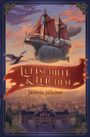 "Luftschiffe & Leichen", Jasmin Jülicher, Schrift auf rotem Banner. Luftschiff über Stadt, Vogel, Zahnräderdekorationen.