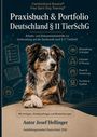Text über einem Hund: „Praxisbuch & Portfolio Deutschland § 11 TierSchG“; Symbole wie Notizblock, Auge, Pfote.