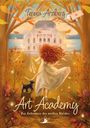 "Art Academy: Das Geheimnis des weißen Kleides." Herbstliche Illustration: Mädchen mit Hund, Ballettschuhe, prachtvolles Gebäude.
