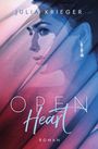 „JULIA KRIEGER OPEN HEART ROMAN“. Eine Illustration eines Gesichts hinter buntem Stoff mit Ohrring.