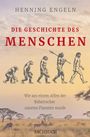 „Die Geschichte des Menschen“ in Rot, Evolutionsillustration mit fünf Hominiden, Savannenlandschaft unten.