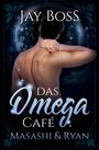 Texte: "JAY BOSS", "DAS Omega CAFÉ", "MASASHI & RYAN". Illustration: Rückenansicht eines Mannes mit faszinierenden Lichteffekten.