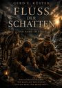 Titel: "Fluss der Schatten". Untertitel: "Der Name im Staub". Zwei Männer, einer mit einem Esel, suchen Gold an einem Fluss.